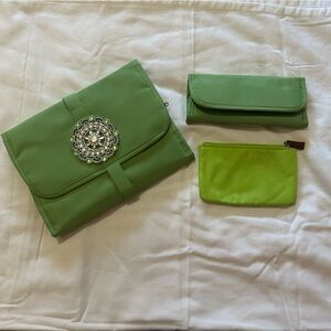 Travel organizer bag with matching jewelry roll and small cosmetic bag